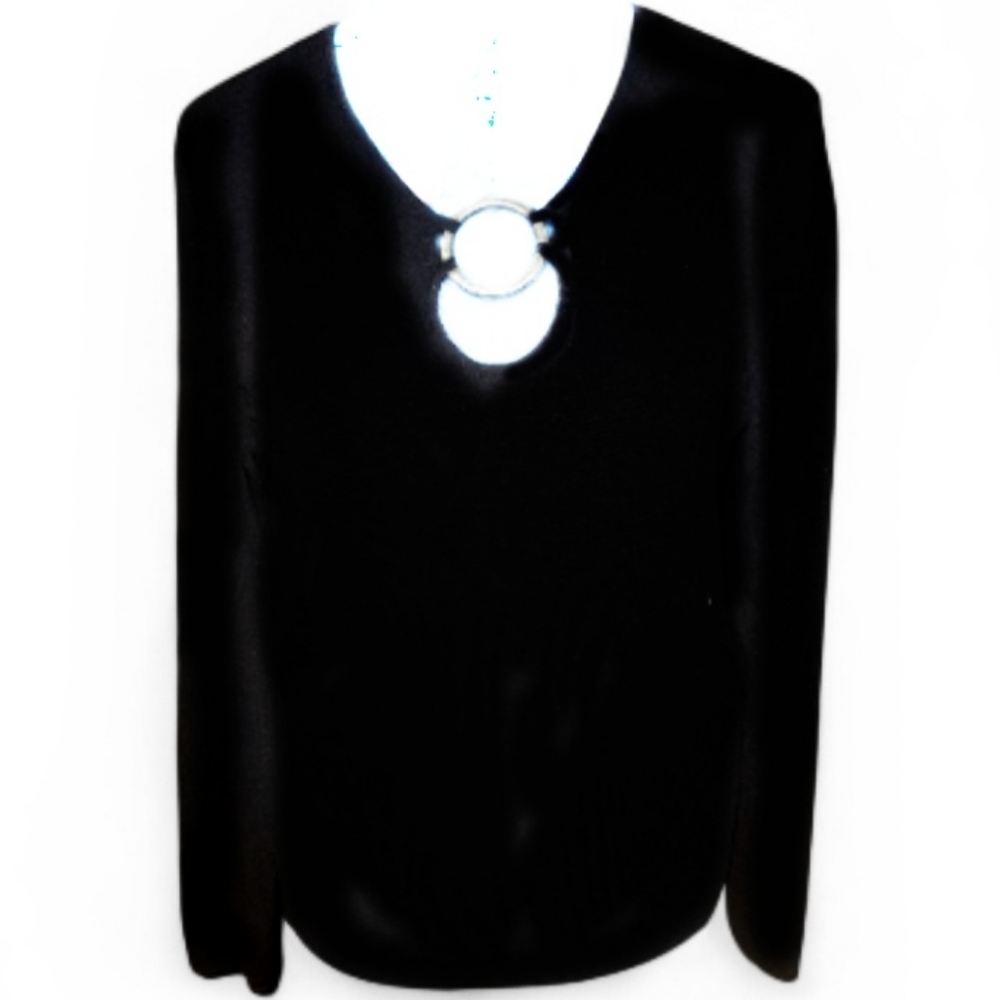 Black Long Sleeve Top with Ring Detail V- Neck